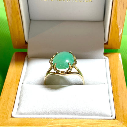 Large Green Oval Jade Yellow Gold Ring