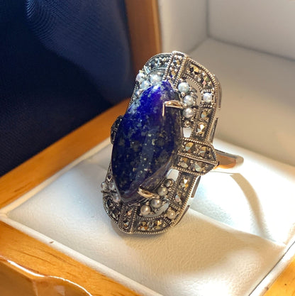 Large oval with blue marquise lapis lazuli sterling silver ladies cocktail dress ring