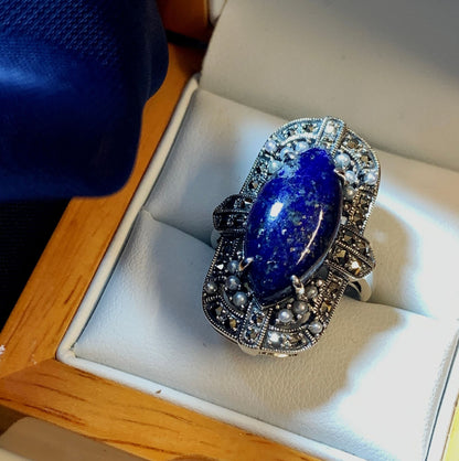 Large oval with blue marquise lapis lazuli sterling silver ladies cocktail dress ring