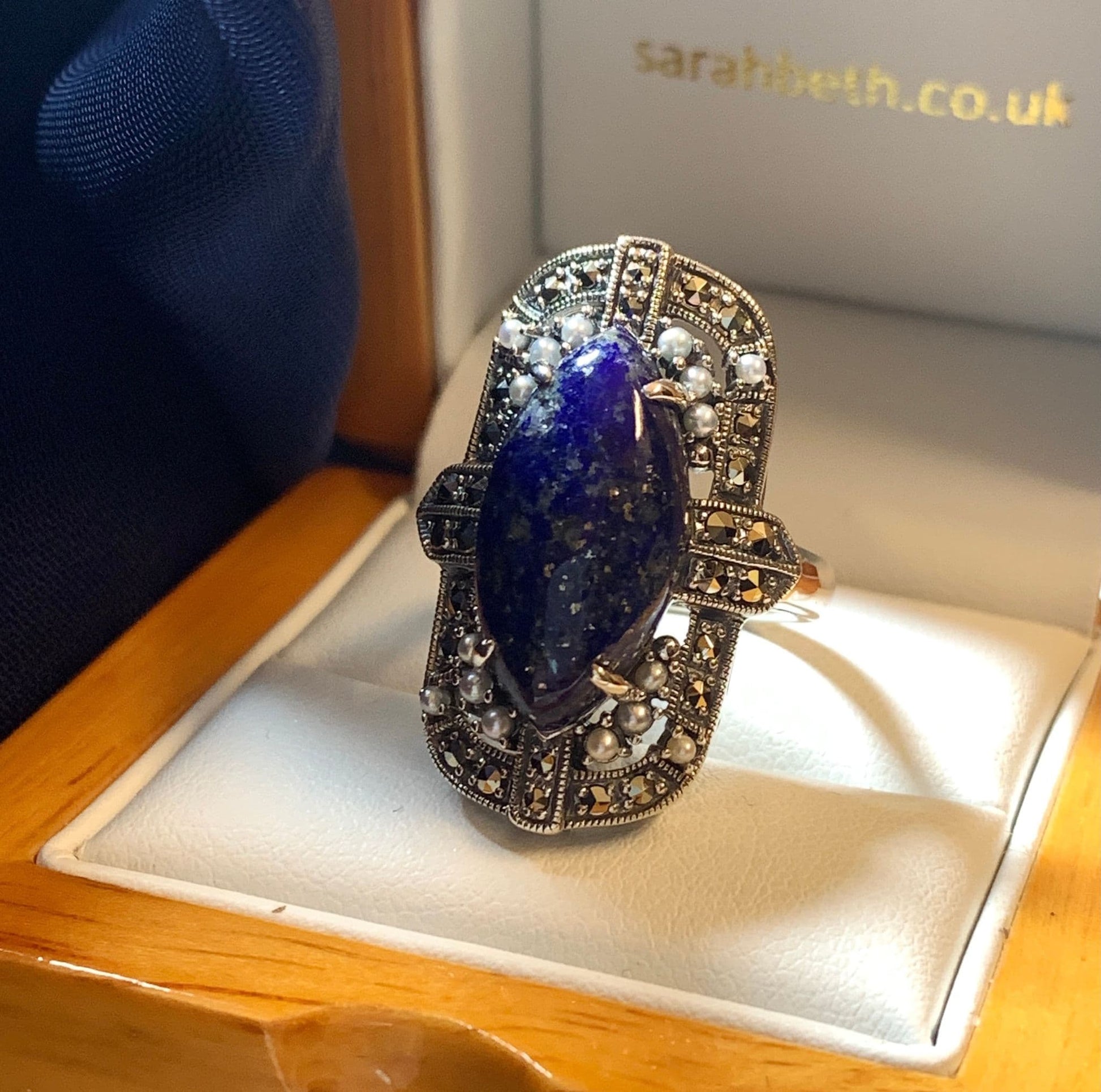 Large oval with blue marquise lapis lazuli sterling silver ladies cocktail dress ring