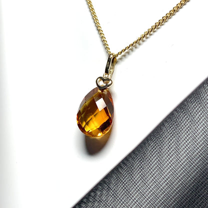 Large pear shaped yellow citrine gold necklace with gold heart