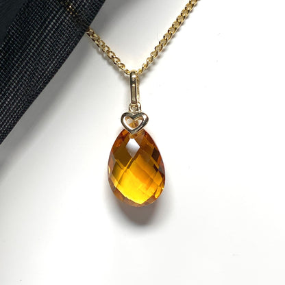 Large pear shaped yellow citrine gold necklace with gold heart