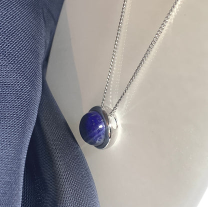 Large round blue lapis lazuli white gold necklace pendant