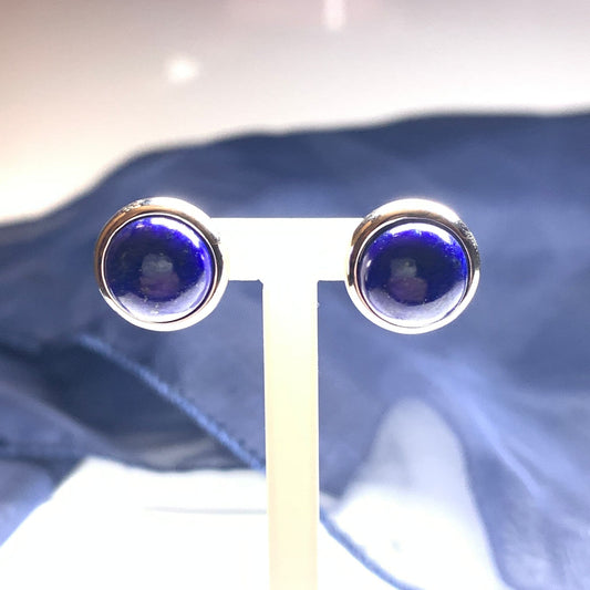 Large round blue lapis lazuli white gold stud earrings