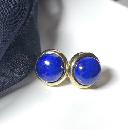 Large round blue lapis lazuli yellow gold stud earrings