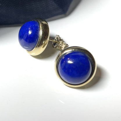 Large round blue lapis lazuli yellow gold stud earrings