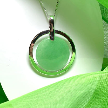 Large Sterling Silver Round Shaped Green Jade Necklace