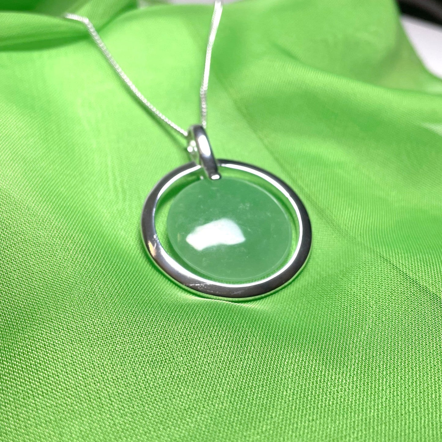 Large Sterling Silver Round Shaped Green Real Jade Necklace