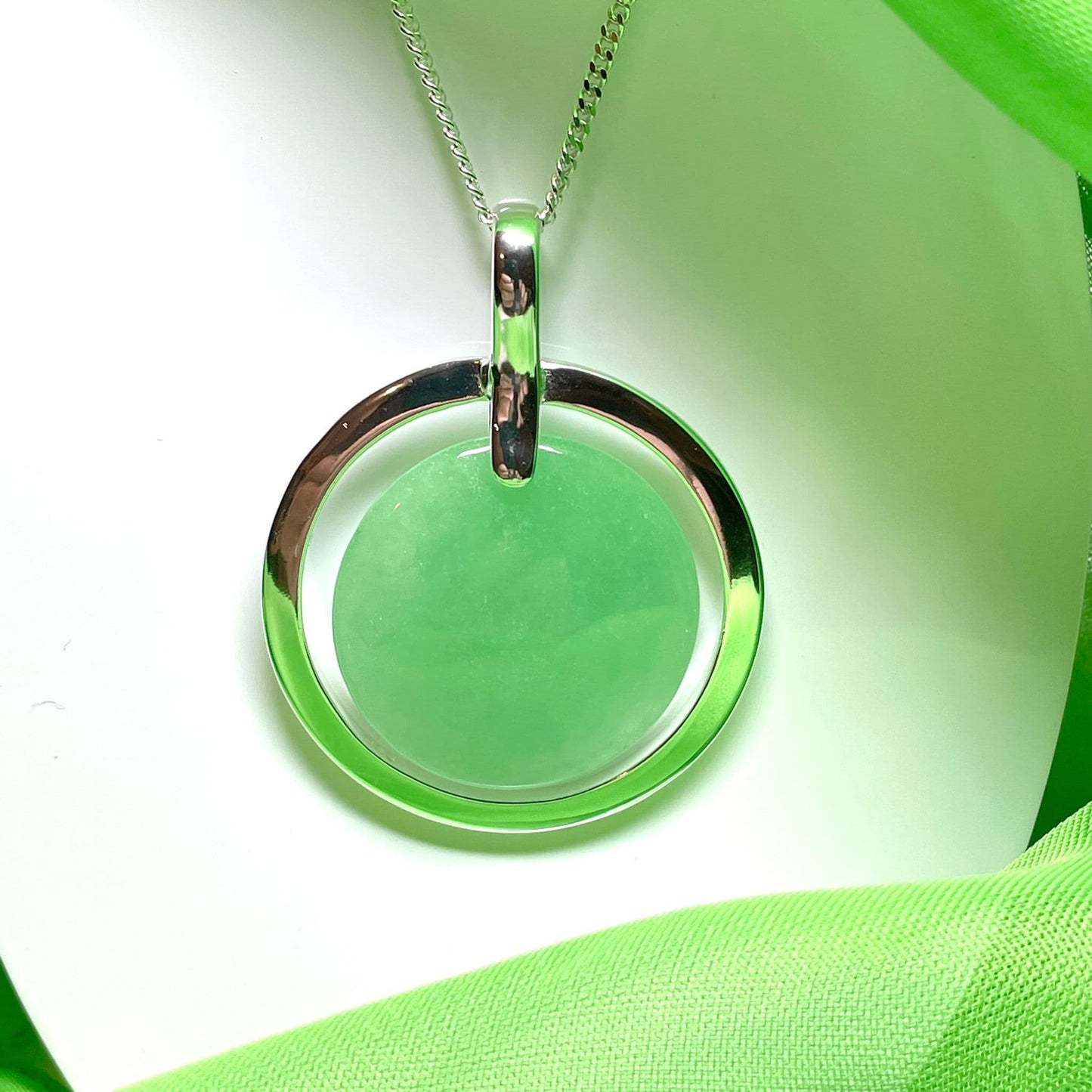 Large Sterling Silver Round Shaped Green Real Jade Necklace