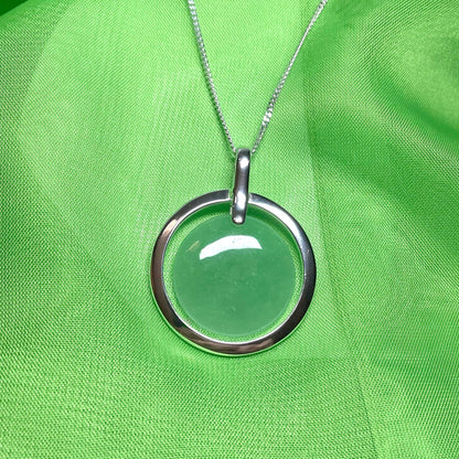 Large Sterling Silver Round Shaped Green Real Jade Necklace