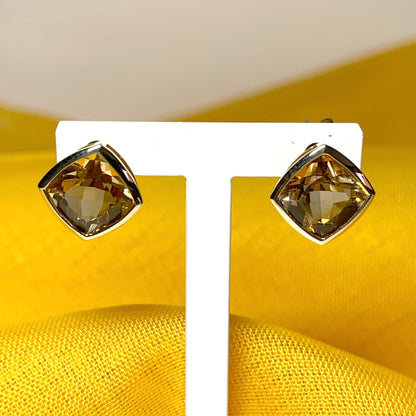 Large square cushion yellow citrine gold earrings