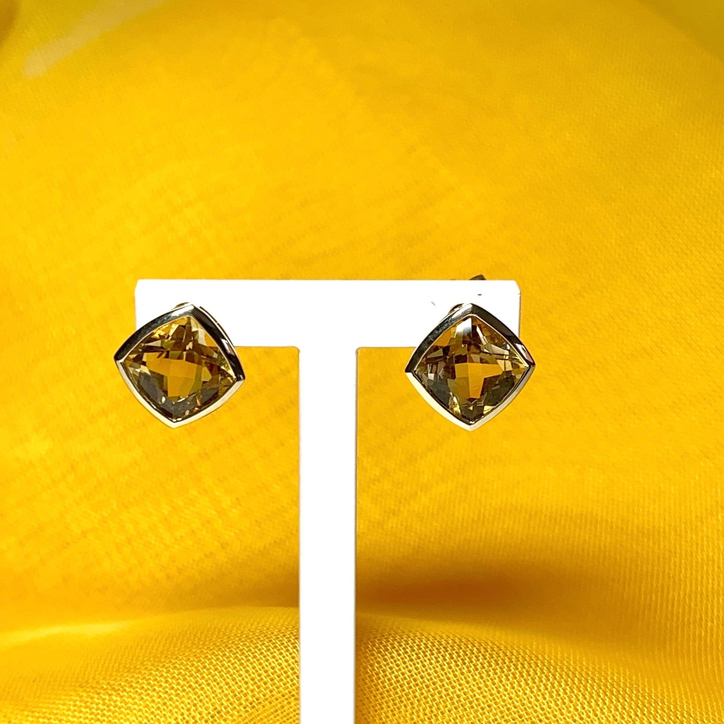 Large square cushion yellow citrine gold earrings