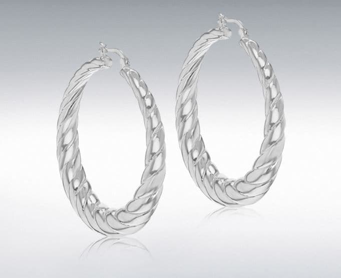Large Swirl Patterned Sterling Silver Round Hoop Earrings 50 mm