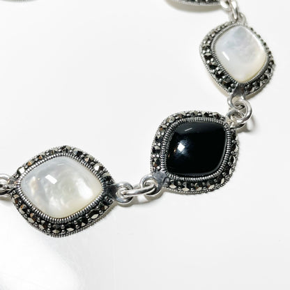 Mother of pearl marcasite and onyx sterling silver three row ladies bracelet