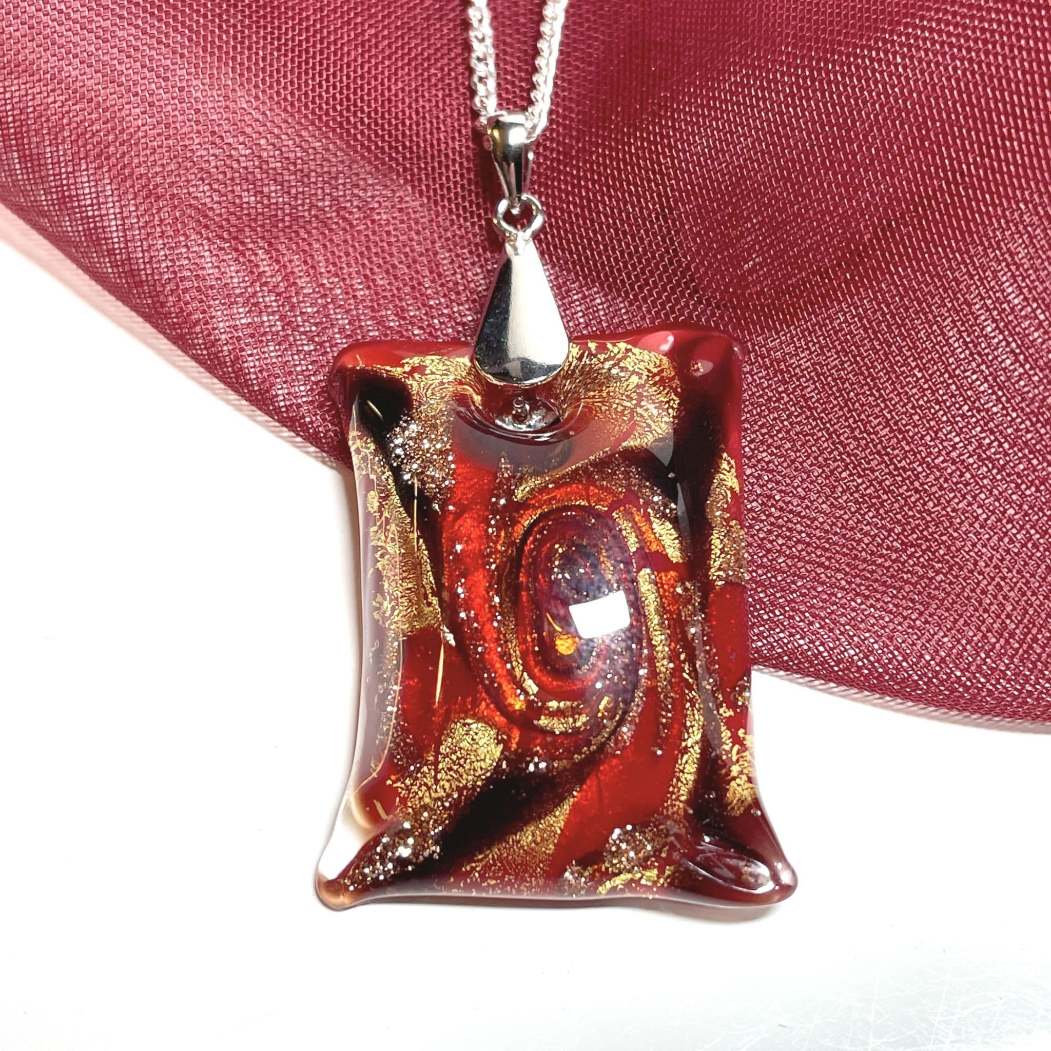 Murano glass deep red pillow shaped square necklace Sarah Beth Jewellers