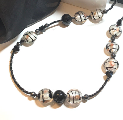 Murano Glass Silver Leaf Black Beaded Necklace