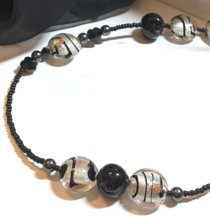 Murano Glass Silver Leaf Black Beaded Necklace