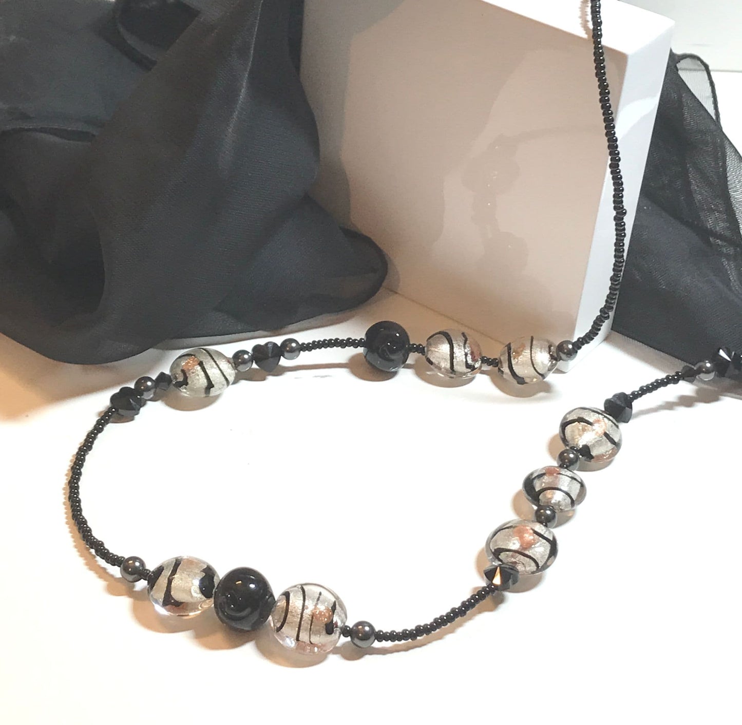 Murano Glass Silver Leaf Black Beaded Necklace