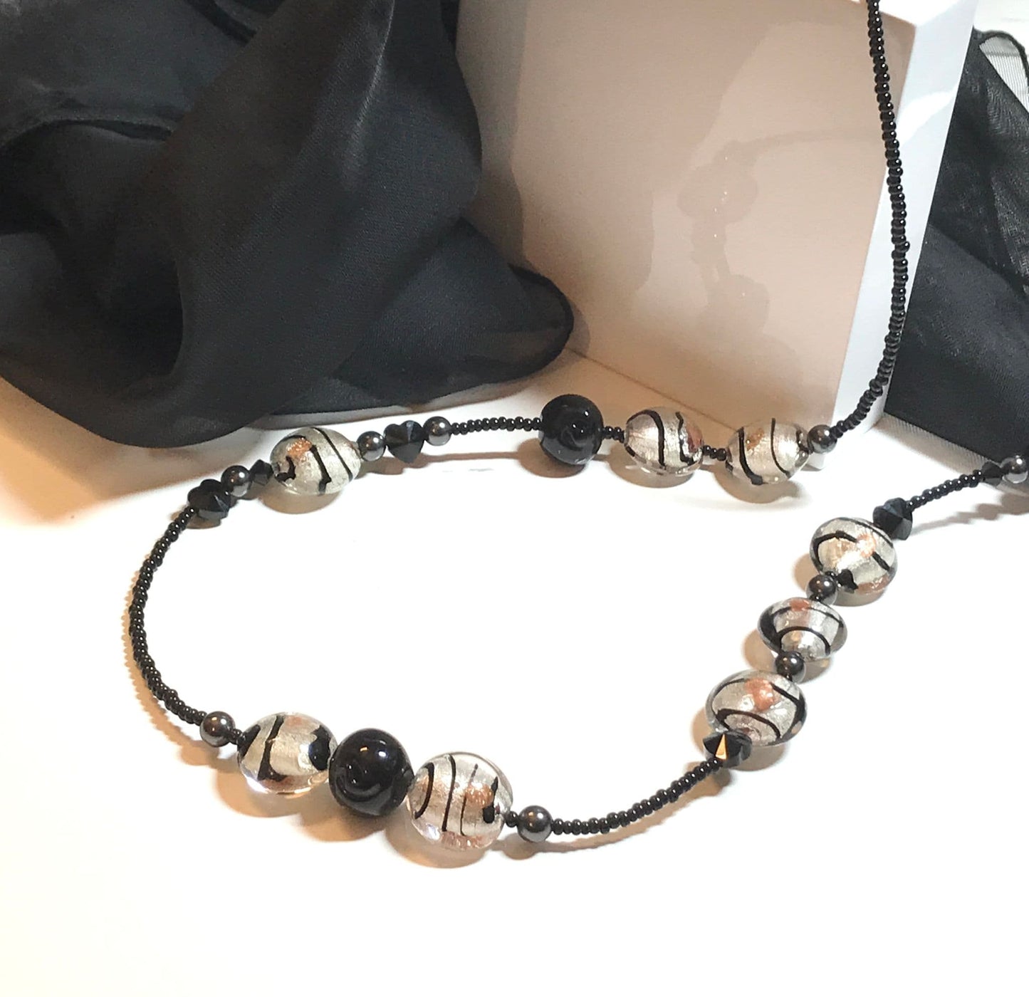 Murano Glass Silver Leaf Black Beaded Necklace