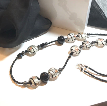 Murano Glass Silver Leaf Black Beaded Necklace