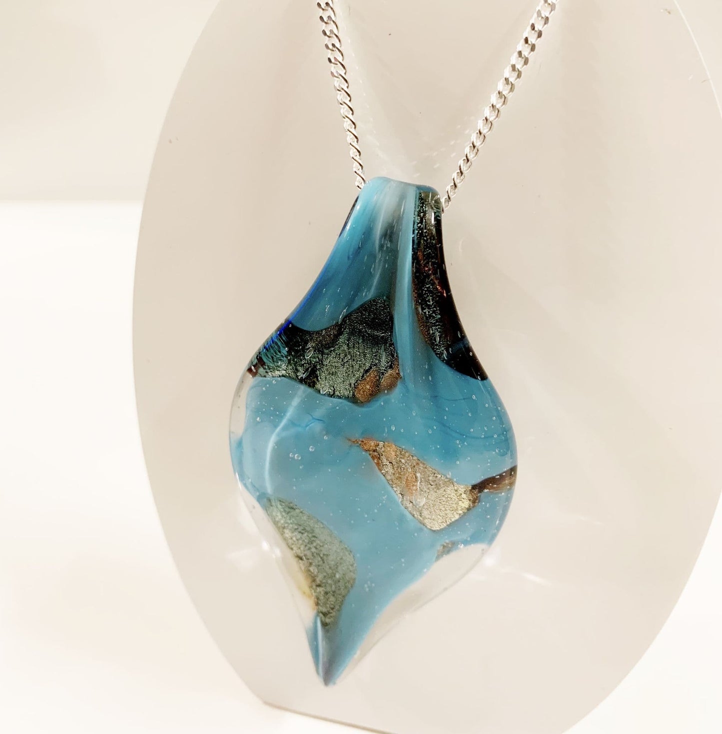 Murano Glass Turquoise & Copper Tone  Leaf Necklace