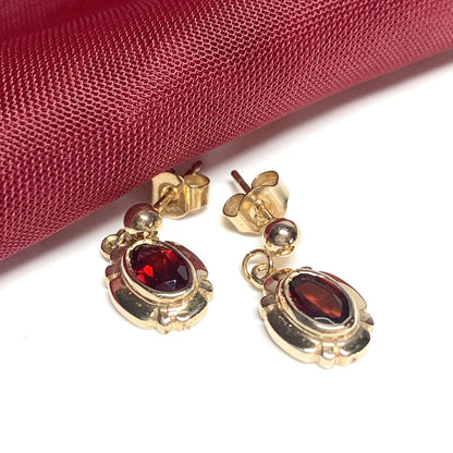 Garnet drop earrings oval picture framed yellow gold