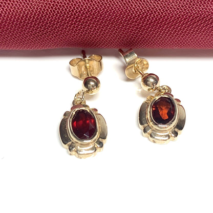 Garnet drop earrings oval picture framed yellow gold