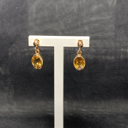 Oval yellow citrine gold drop earrings