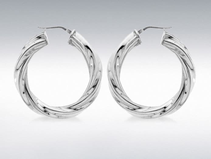 Patterned Sterling Silver Round Hoop Earrings 37 mm