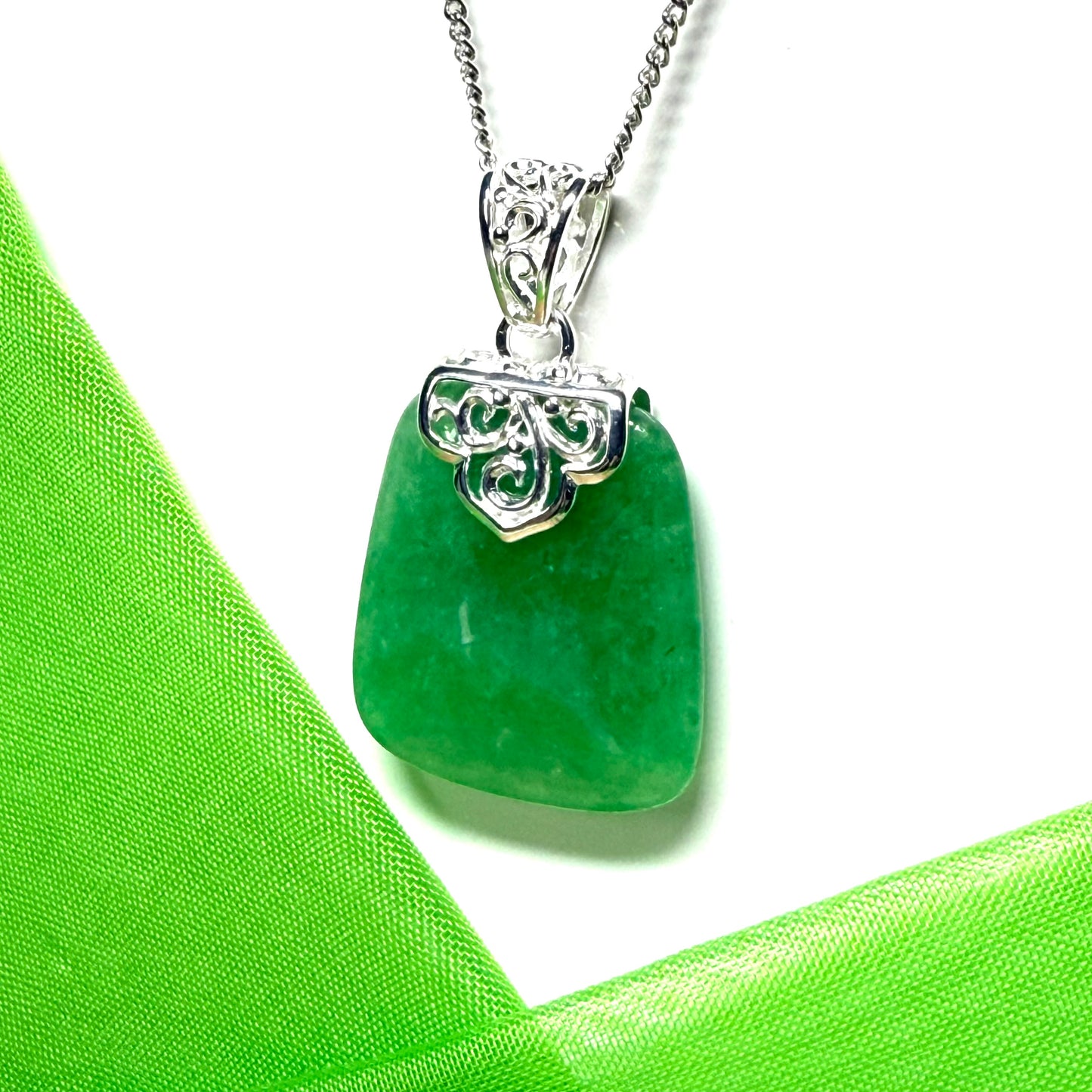 pendant with a real dark green jade stone, large cushion shaped necklace