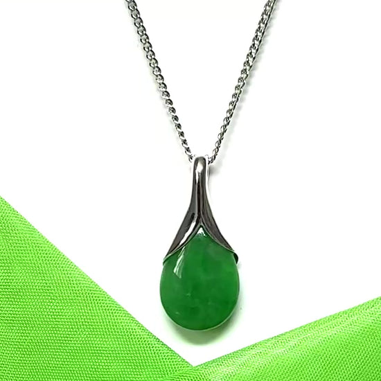 Real green jade necklace tear drop shape sterling silver pear shaped pendant with chain