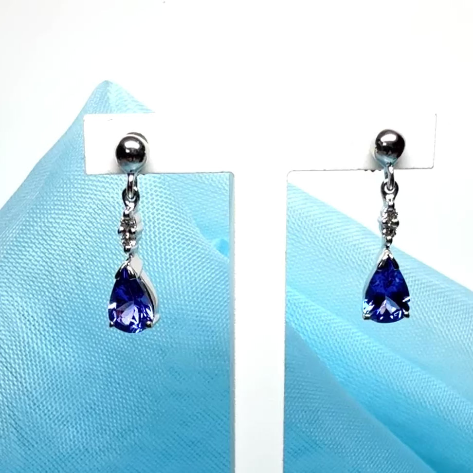 Pear shaped real tanzanite drop dangling earrings with diamond crafted in white gold