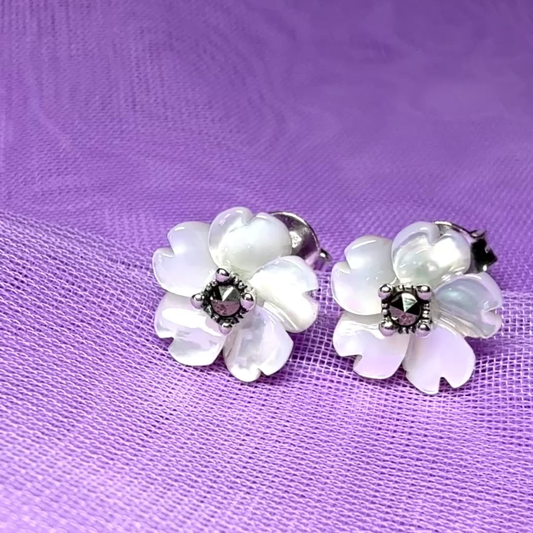 Real Mother of Pearl earrings petal flower shaped stud sterling silver