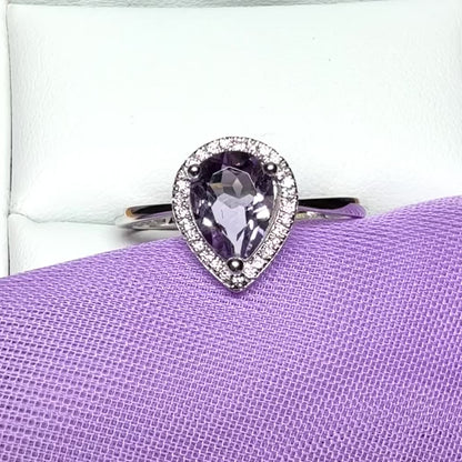 Purple teardrop pear shaped amethyst and diamond white gold cluster ring