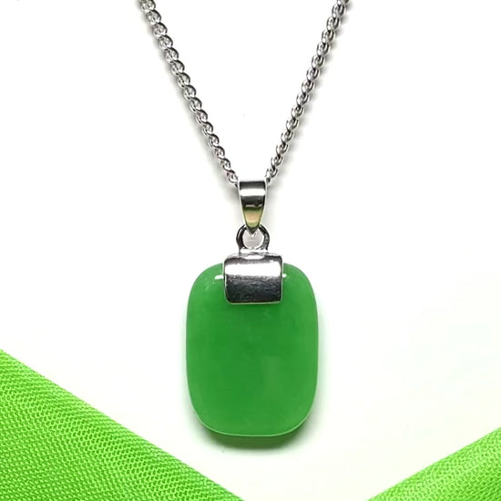 Sterling silver cushion shaped real green jade pendant, a beautiful and stunning necklace design