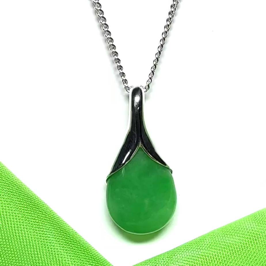 Real green jade tear drop sterling silver pear or teardrop shape pendant