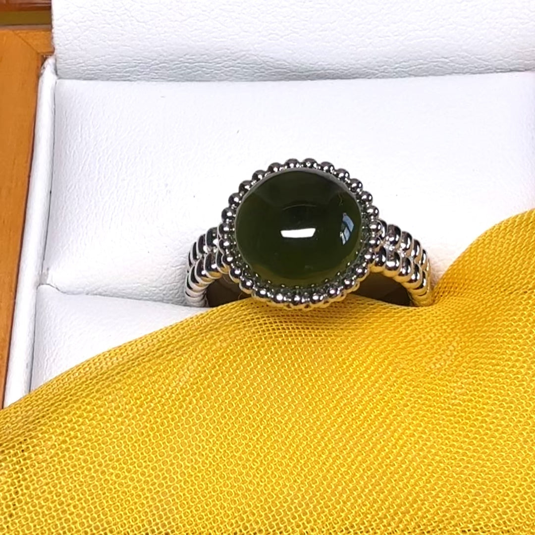 Dark green real jade ring round sterling silver patterned bobbled