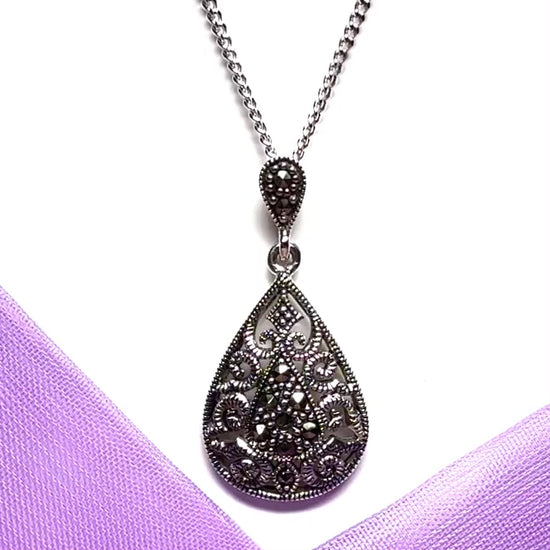 Real marcasite necklace pear shaped sterling silver pendant including chain