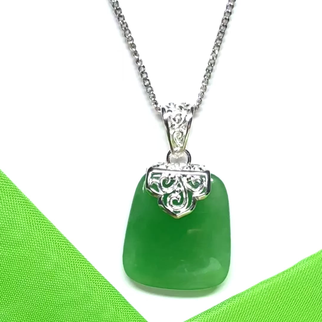 Real jade necklace green sterling silver large cushion shaped pendant, a timeless design