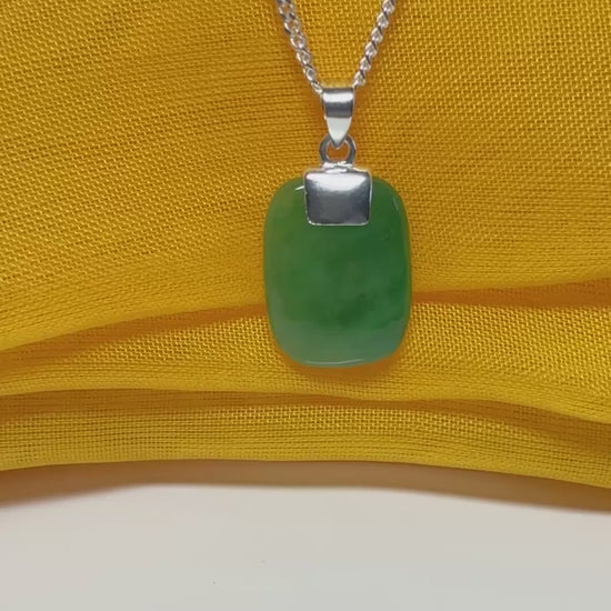 Necklace real green jade cushion shaped pendant with a chain