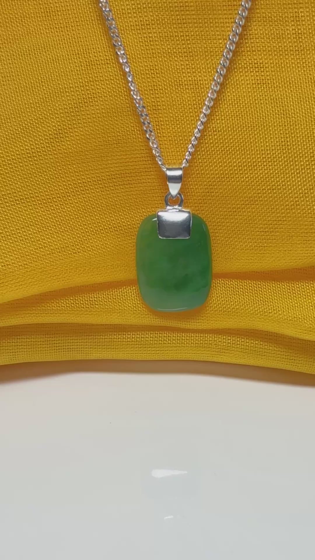 Necklace real green jade cushion shaped pendant with a chain