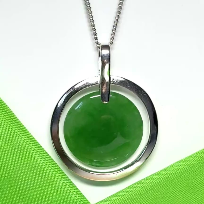 Large sterling silver round shaped green real jade necklace halo style pendant including chain