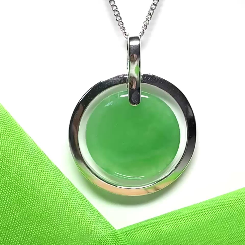 Large round necklace sterling silver circle shaped green real jade halo styled pendant with a chain included