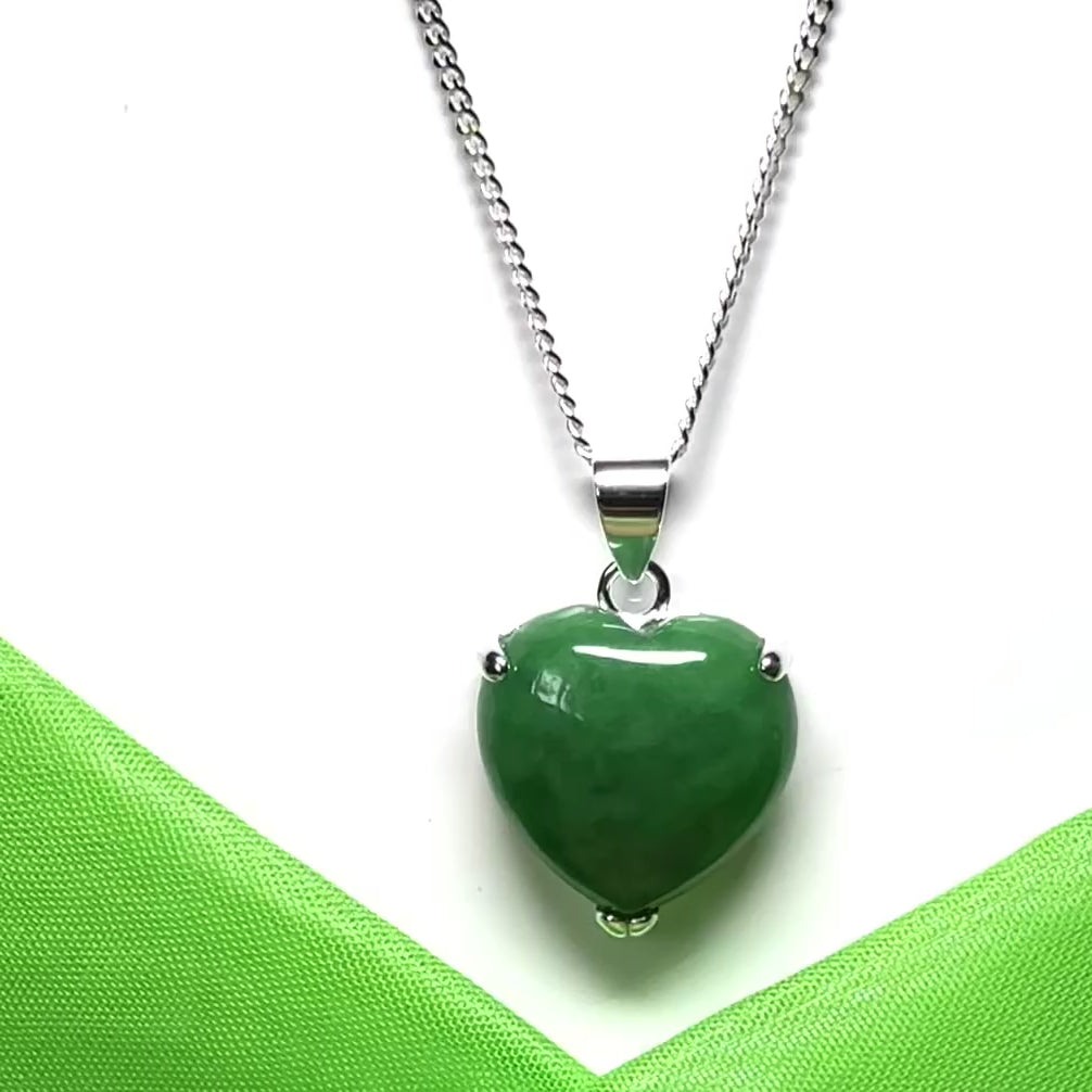 Pendant heart shape sterling silver real green jade stone necklace with a chain