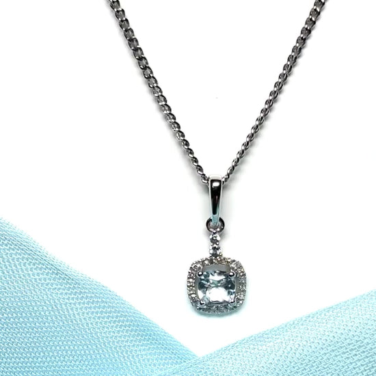 Real aquamarine necklace and diamond square white gold pendant