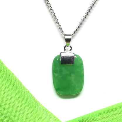 Gorgeous real green jade stone necklace cushion shaped stunning pendant sterling silver