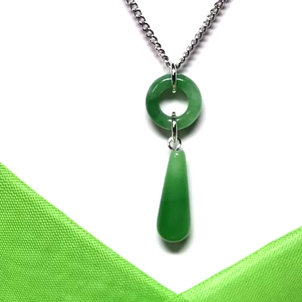 Circle and tear drop sterling silver pear shaped green real jade necklace pendant