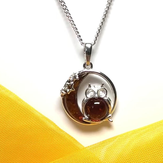 Owl and moon round shaped drop necklace circle pendant real amber sterling silver