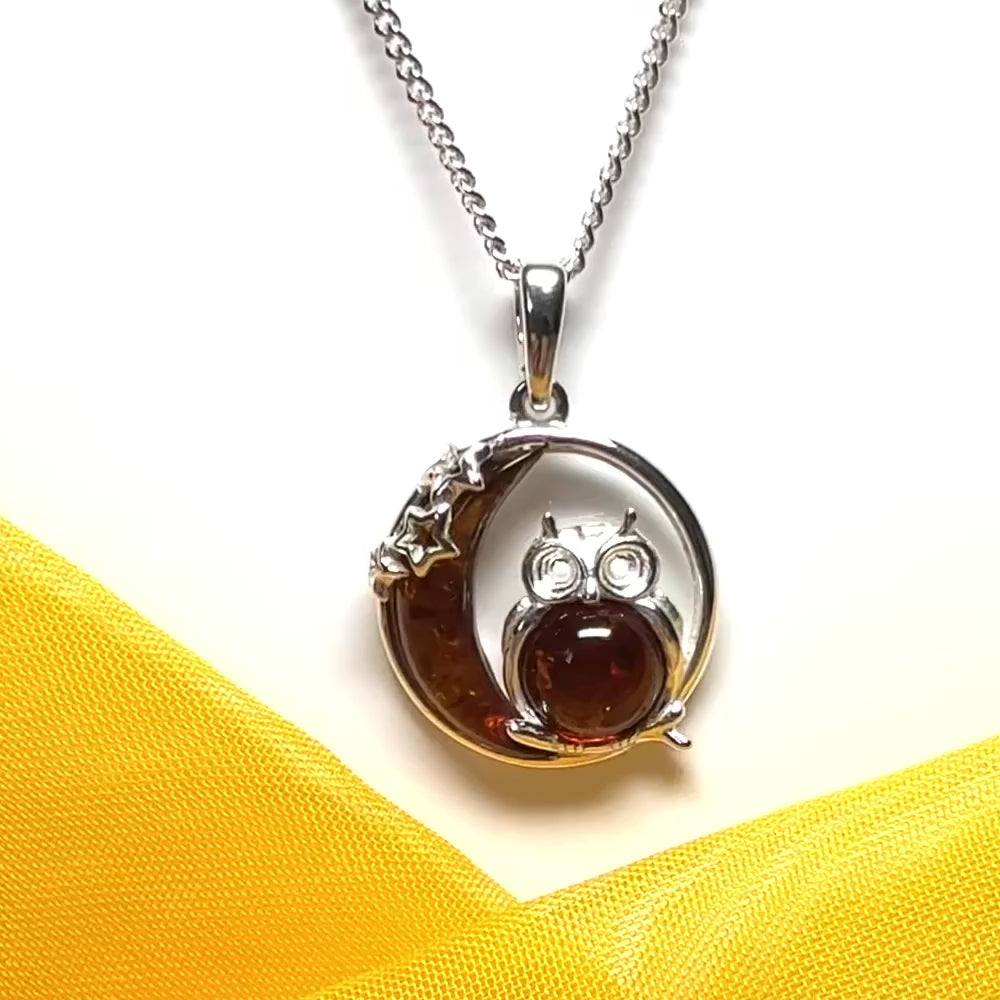 Owl and moon round shaped drop necklace circle pendant real amber sterling silver