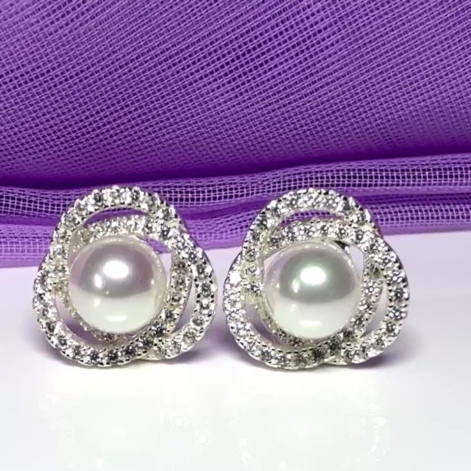 Earrings real freshwater pearl and cubic zirconia trefoil designed sterling silver